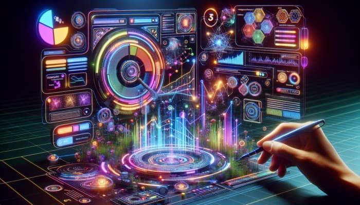 A futuristic digital interface with neon colors and holograms, showing complex algorithms for paid search optimization.