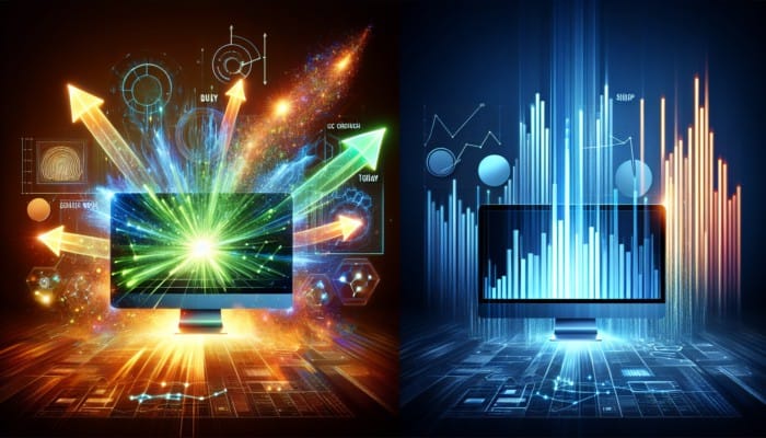 Two computer monitors showing ad variations "Buy Now" and "Shop Today" with performance graphs.