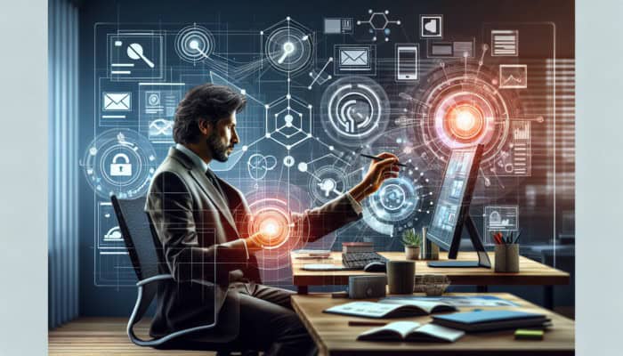 Paid Online Advertising: A digital marketer placing ads on online platforms in a modern office, targeting engaged audiences.