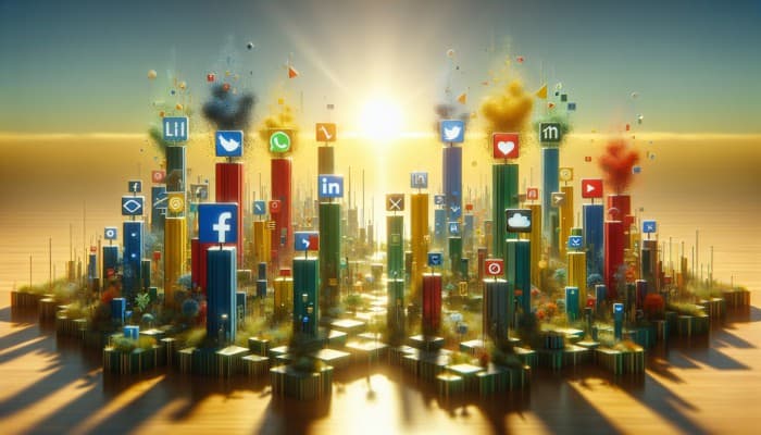 Digital landscape with towering platforms labeled Google Ads, Facebook Ads, LinkedIn Ads, and Amazon Advertising, glowing with success metrics against a rising sun.