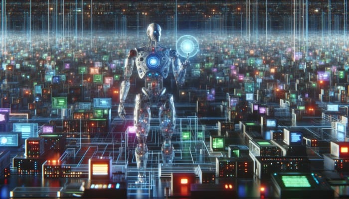 A futuristic digital landscape with robots managing ad spaces, data streams, and multi-channel platforms, illustrating programmatic advertising's efficiency.