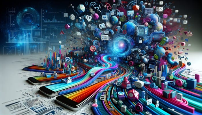 Marketing Strategy For Online Business: A futuristic digital landscape with mobile devices, social media icons, and data streams, highlighting mobile commerce growth and personalized experiences.