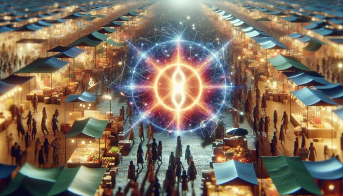 A vibrant marketplace with a glowing stall symbolizing a brand's USP, attracting a crowd amidst competitors.