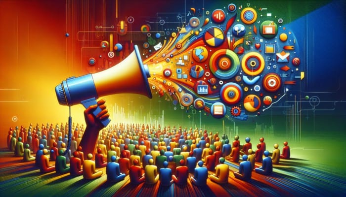 A megaphone broadcasting a message to a diverse crowd, with symbols of consistency and storytelling on various platforms.