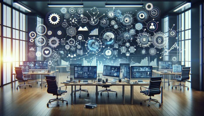 A vibrant digital marketing hub showcasing strategy planning, SEO, social media, and analytics in a modern office.