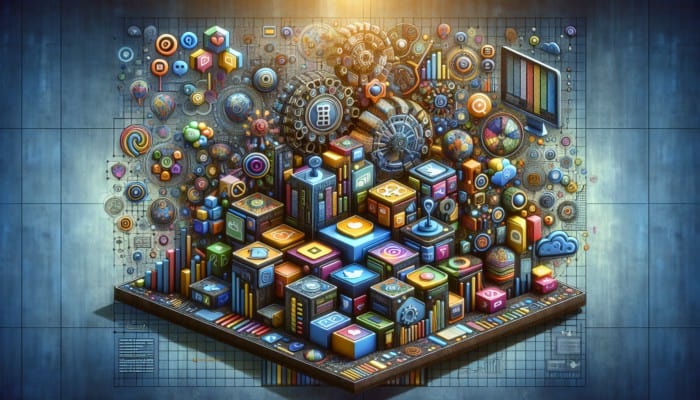 A digital marketing hub with social media icons integrated into a full stack framework, showing brand engagement and traffic flow.