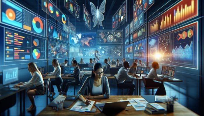 Internet marketing specialist in office, collaborating with team, using digital screens for strategy alignment.