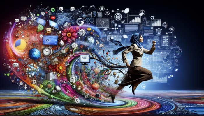 A digital marketing specialist adapting strategies in a vibrant, changing landscape with new tools and social media.