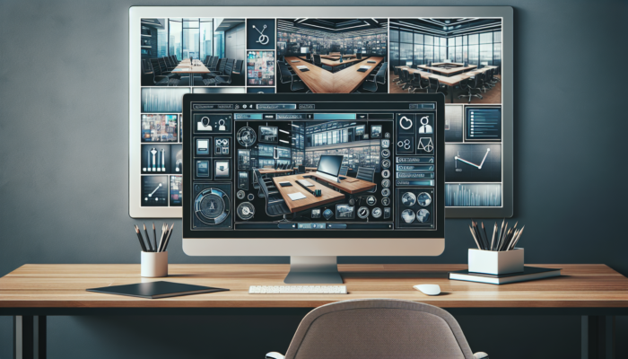 A computer showing Google Business Photos, surrounded by business interior and exterior images, with a checklist and planning documents.