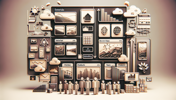 A digital interface with organized photo categories and a sidebar showing recent uploads.