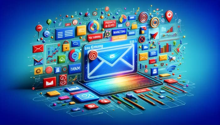 A vibrant digital interface showing an open email with personalized marketing content and product icons.