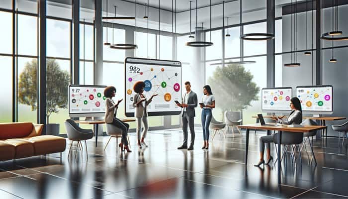 A team collaborates on a user-friendly website design using mobile devices, with analytics displayed on a large screen.