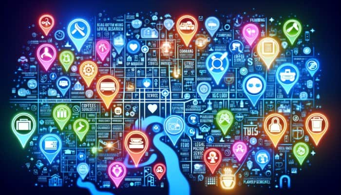 Local Digital Marketing: A city map highlighting local businesses like coffee shops and plumbing services, optimized for local SEO.