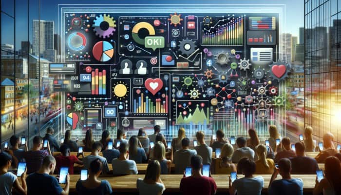 Digital dashboard showing social media analytics with graphs on likes, shares, comments, and engagement rates.