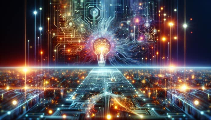 SEO Adapting to AI Content: AI revolutionizing search algorithms, dynamic digital landscape with glowing circuits and data streams.