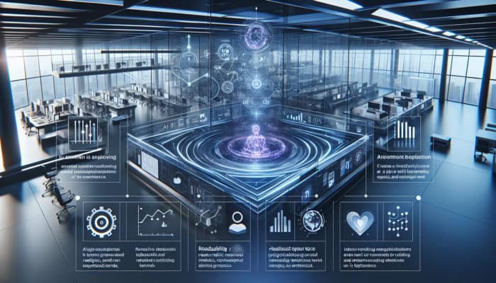 A futuristic workspace with a holographic AI interface optimizing content for SEO, showing graphs on readability, keywords, and emotional tone.