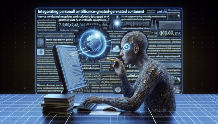 A person editing AI text on a computer, adding anecdotes and data for SEO optimization.