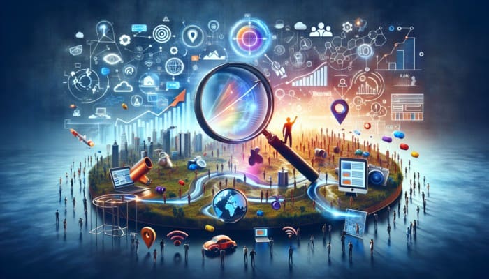 A vibrant digital landscape showing SEO charts, targeted ads, and engaged users on devices.