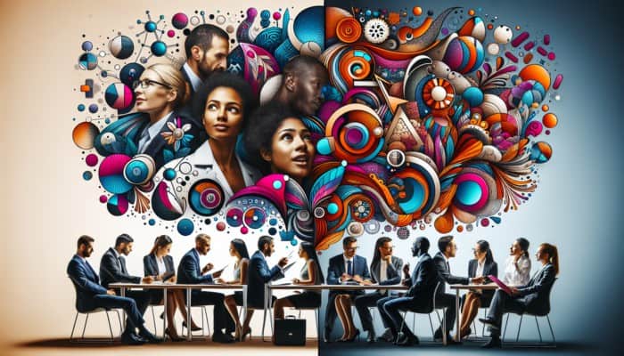 B2B professionals discussing product details in a meeting; B2C ads evoking emotions from consumers.