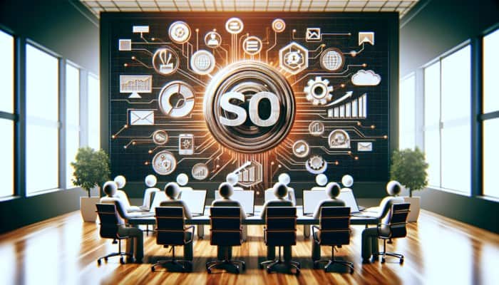 Digital interface showcasing SEO, content marketing, and social media icons, with a prominent LinkedIn logo for B2B marketing.