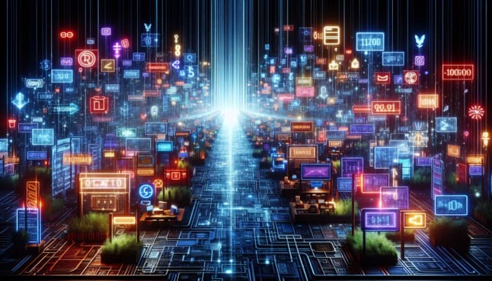 SEO Digital Marketing: A vibrant digital marketplace with stalls competing for attention, symbolizing SEO's role in enhancing online visibility.