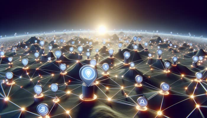 Interconnected nodes representing on-page SEO, local SEO, and other elements driving traffic to a central business icon.