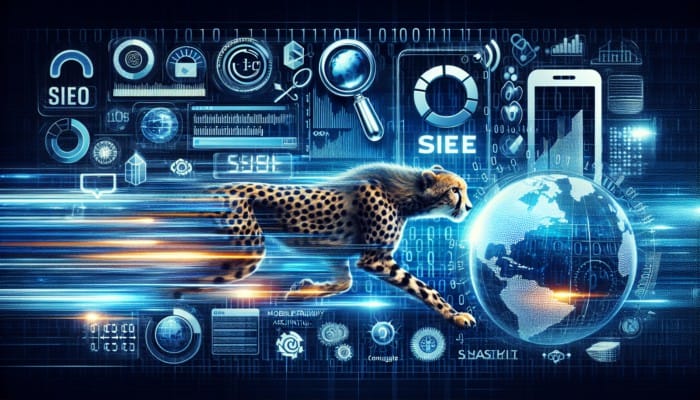 A modern computer interface showing SEO analytics with graphs on site speed, mobile-friendliness, and website architecture.