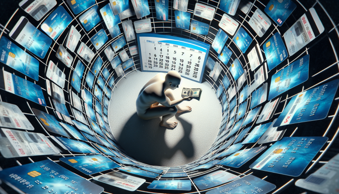 Person trapped in debt cycle with credit cards, calendar showing slow years, small money covering interest on large debt.