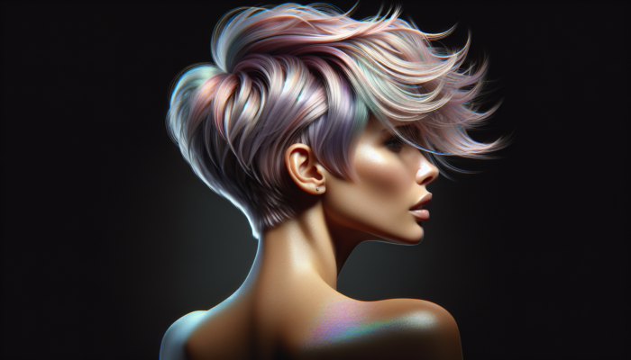Haircuts for Thin Hair: A chic pixie cut with textured layers and volumizing mousse, in vibrant pastel, showing movement and depth.