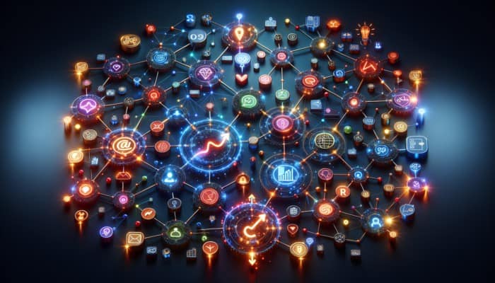 Online Marketing Solutions: A vibrant network of glowing nodes representing engagement, conversion, and retention in digital marketing.