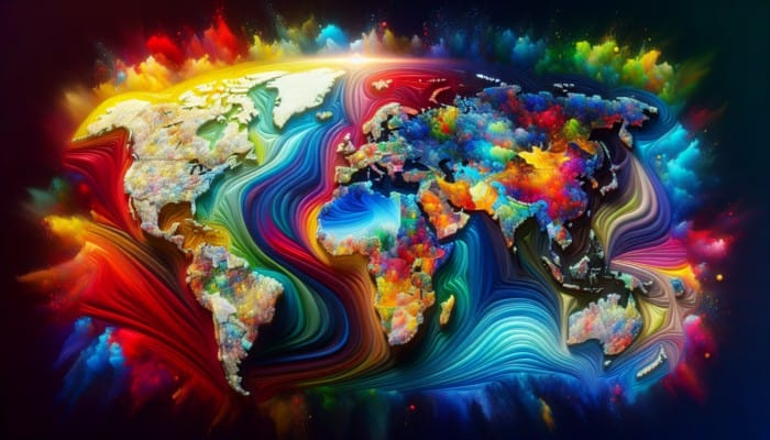 A global map showing Coca-Cola's marketing strategies with colorful segments for Asian flavors and cool tones for European health options.