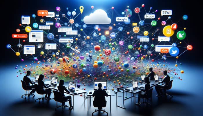 Digital Advertising Services: A vibrant digital landscape with interconnected nodes for search engines, social media, and mobile apps, engaging diverse audiences.