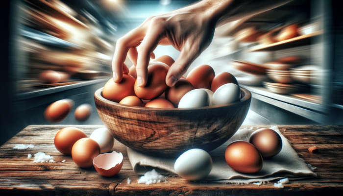Choosing the right fresh eggs from a rustic bowl, ensuring easy peeling and firm texture.