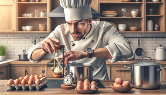 Chef using a timer to boil eggs perfectly, adjusting for stove and cookware.