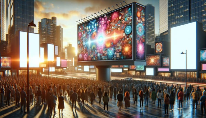 Paid Media Advertising: A dynamic digital billboard in a bustling cityscape displaying vibrant ads, engaging targeted demographics, boosting brand visibility and ROI.