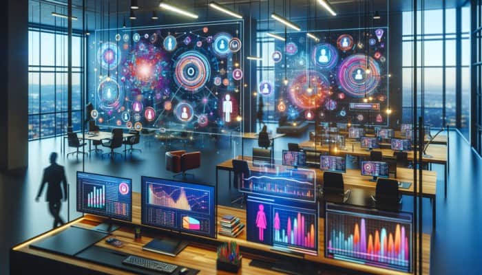 A vibrant dashboard showing demographic data for the 18-24 age group in a modern marketing office.