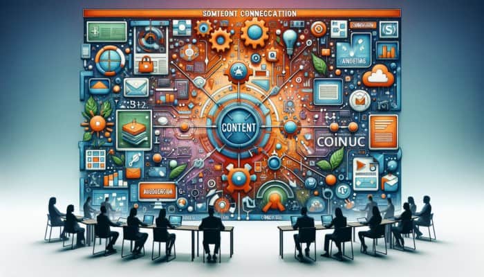 A vibrant digital canvas illustrating core principles of content creation with engaging visuals and marketing strategies.