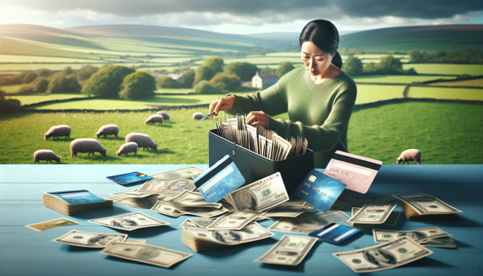 A person in the UK consolidating bills and credit cards into a single folder, symbolizing debt consolidation and financial relief.