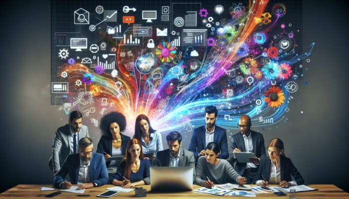 A digital marketing team strategizing over social media platforms on a large screen, enhancing brand engagement.