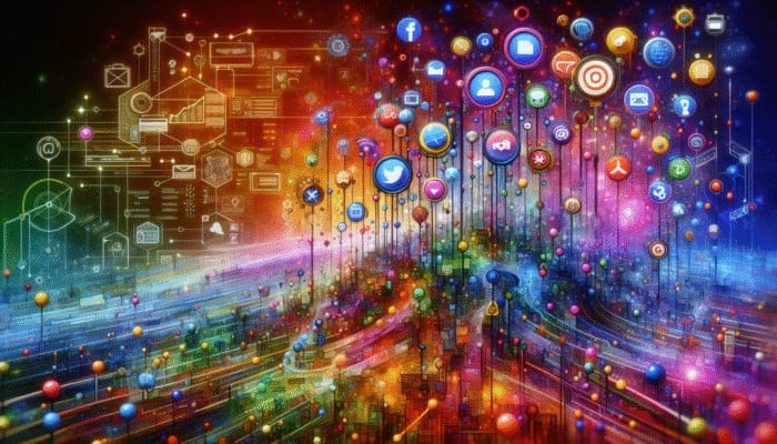 A vibrant digital landscape with nodes representing websites, social media, search engines, and email, empowering a small business globally.