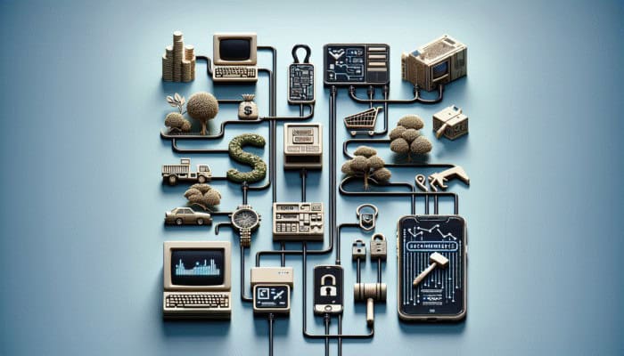 Timeline graphic depicting online shopping evolution from 1990s to mobile shopping with secure payments.