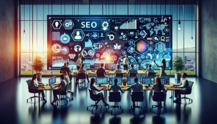 A marketing agency team collaborating on SEO, PPC, and social media, using digital screens for analytics and content.