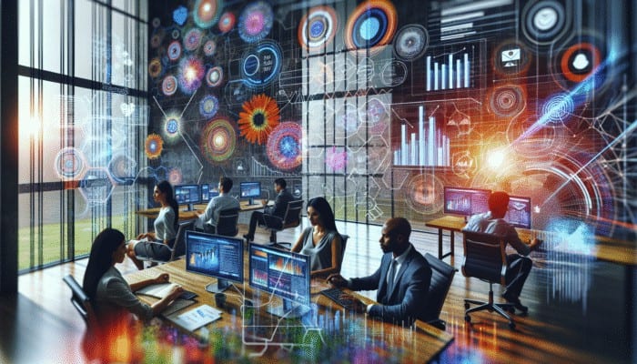 A dynamic digital marketing agency office with teams collaborating on SEO, social media, and strategy, with vibrant screens showing analytics and creative content.