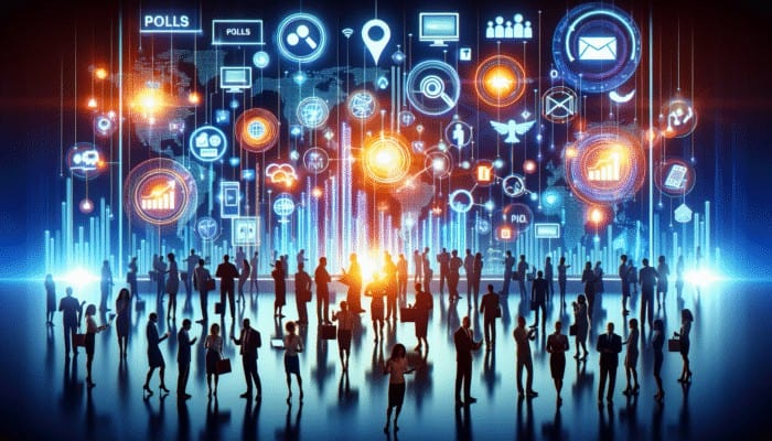 Vibrant digital marketing scene with social media icons, people engaging with visuals and polls on screens.