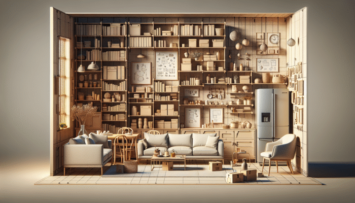 Living room with secured furniture and appliances, breakable items in low cabinets for earthquake safety.