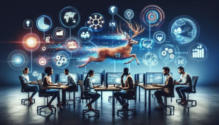 A diverse team of social media experts analyzing data and crafting a tailored strategy in a vibrant office.