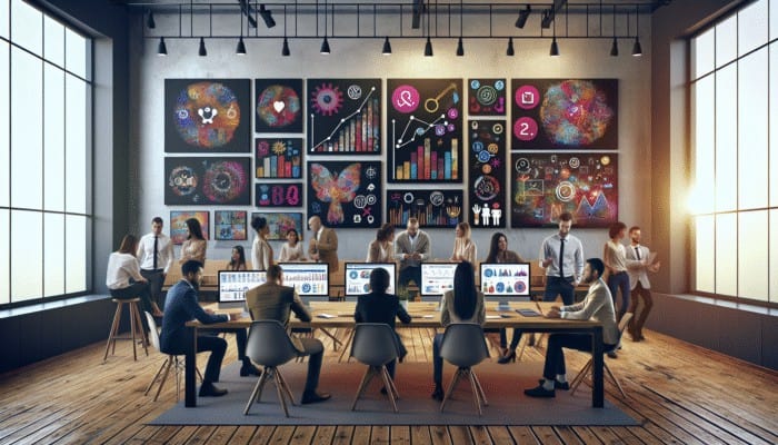 A busy digital marketing agency office with screens showing social media analytics, team strategizing, and growth charts on walls.