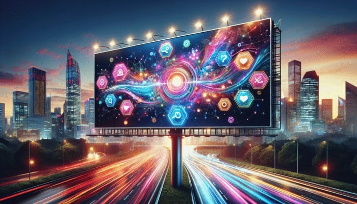 A vibrant digital billboard showcasing a successful social media campaign with high engagement and compelling CTAs against a bustling cityscape at night.