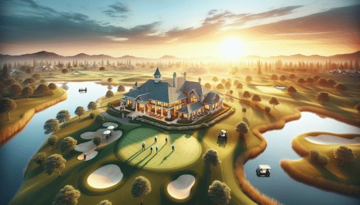 Aerial view of Graff Reinet Golf Club's luxurious facilities at sunset, with golfers on pristine greens.