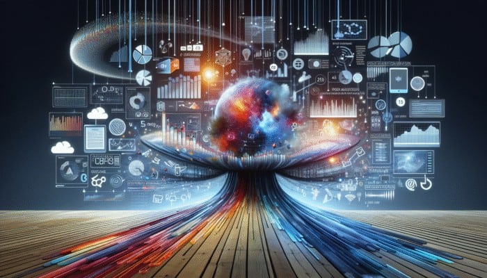 Digital landscape showing data streams from web analytics tools like Google Analytics flowing into a central hub.